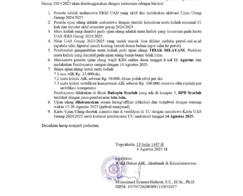 Pengumuman Ujian Ulang Semester Genap 2024-2025 Prodi Kesmas FKM UAD
